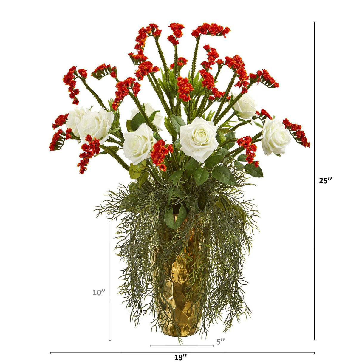 25” Silk Rose Artificial Arrangement in Designer Gold Vase