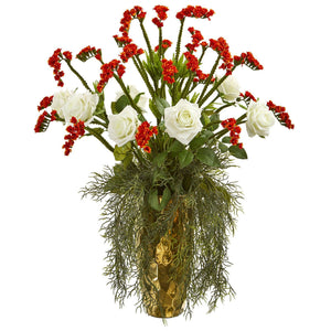 25” Silk Rose Artificial Arrangement in Designer Gold Vase