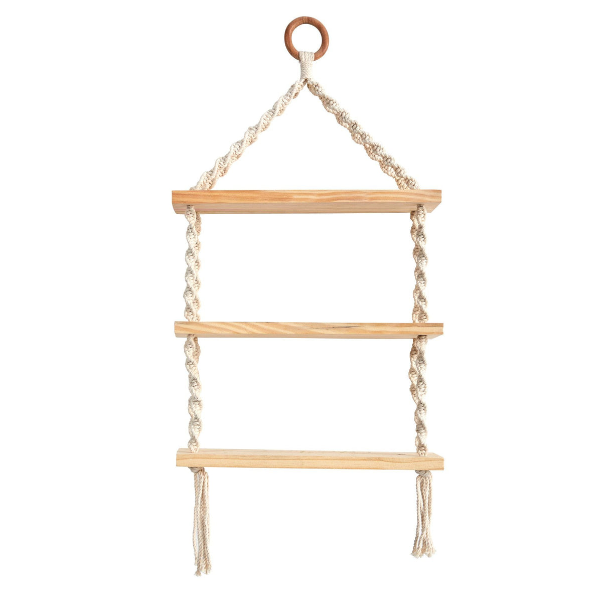 2.5’ x 1’ Three Tier Handmade Boho Macrame Wall Hanging with Wooden Shelf