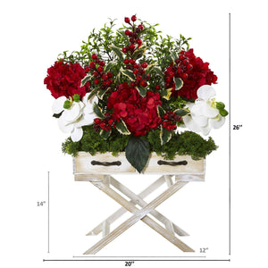 26” Hydrangea, Phalaenopsis Orchid and Holly Berry Artificial Arrangement in Drawer Planter