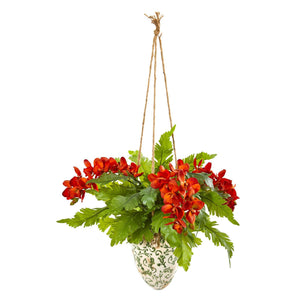 26” Phalaenopsis Orchid and Fern Plant in Hanging Vase