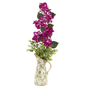 27” Bougainvillea and Eucalyptus Artificial Arrangement in Floral Pitcher