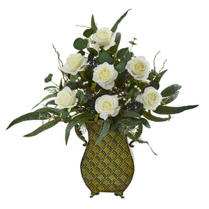 27” Rose and Eucalyptus Artificial Plant in Metal Planter