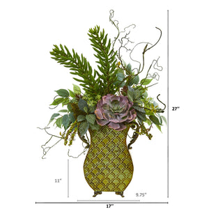 27” Succulent and Greens Artificial Plant in Metal Planter