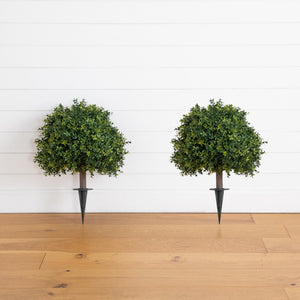 27” UV Resistant Artificial Boxwood Topiary with Integrated Ground Stake (Indoor/Outdoor) - Set of 2