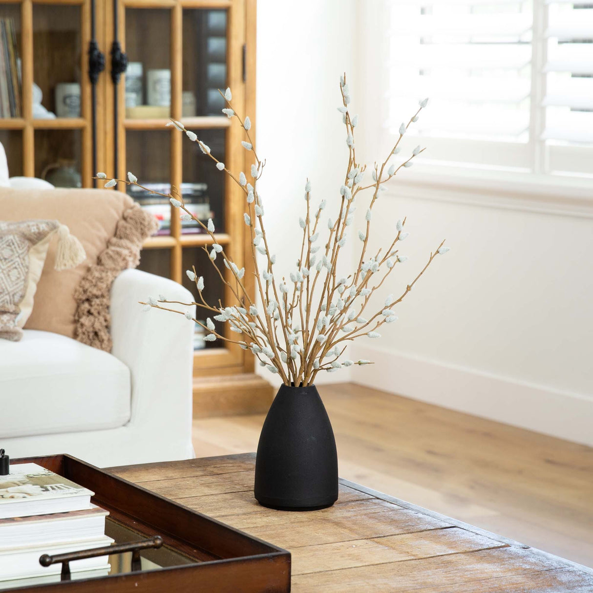 28” Artificial Pussy Willow Arrangement in Modern Metal Black Vase