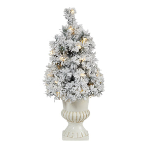 28” Flocked Artificial Christmas Tree with 30 Clear LED Lights in White Urn