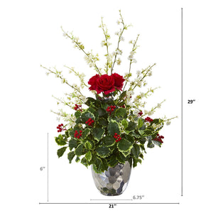 29” Rose, Cherry Blossom and Holly Leaf Artificial Arrangement in Silver Bowl