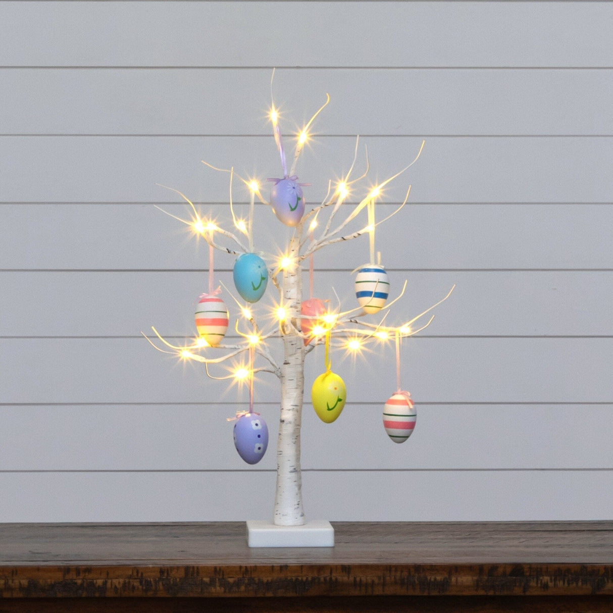 2' Pre-Lit Artificial Easter Twig Tree with Egg Ornaments and 24 Warm White LED Lights