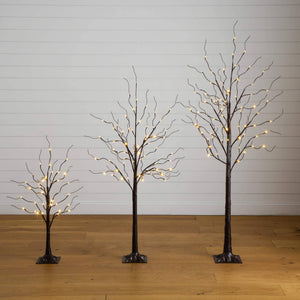 3' 5' 6' Artificial Brown Birch Trees with Warm White LED Lights - Set of 3