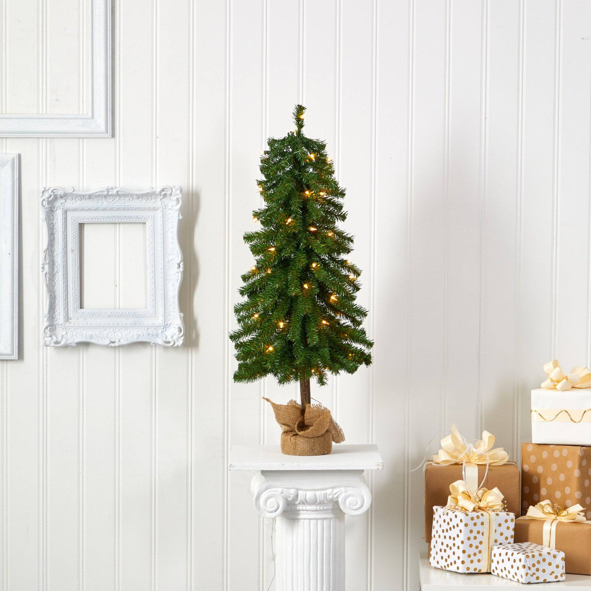 3' Alpine Artificial Christmas Tree with 50 Lights, 177 Bendable Branches and a Burlap Planter