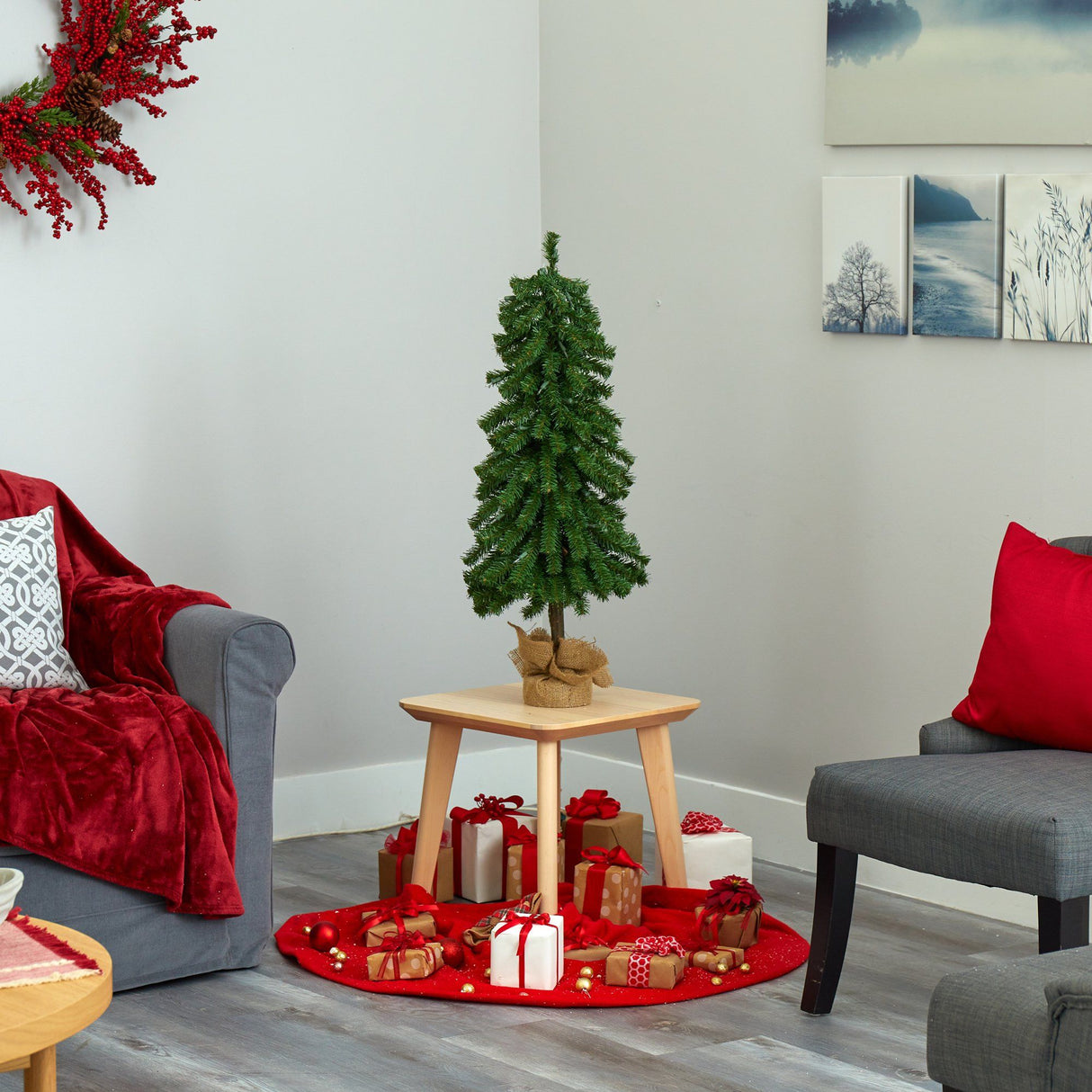 3' Alpine Artificial Christmas Tree with 50 Lights, 177 Bendable Branches and a Burlap Planter
