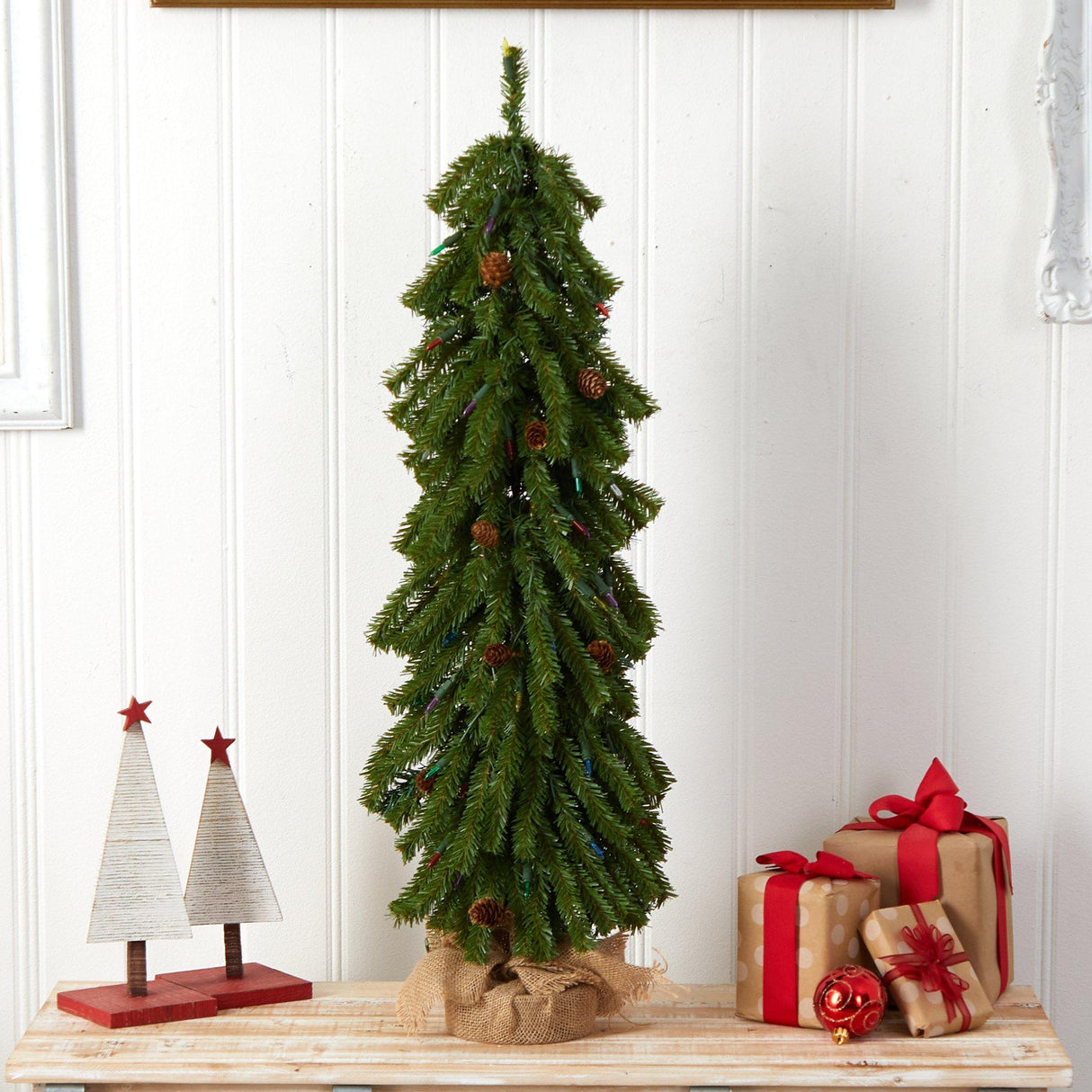 3’ Artificial Christmas Tree with Pinecones and 50 Multicolored Lights Set in a Burlap Base