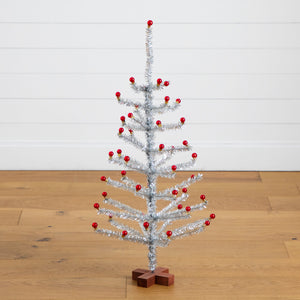 3' Artificial Retro Silver Tinsel  Christmas Tree with 45 Red Mini Ornament Balls and Wooden Base