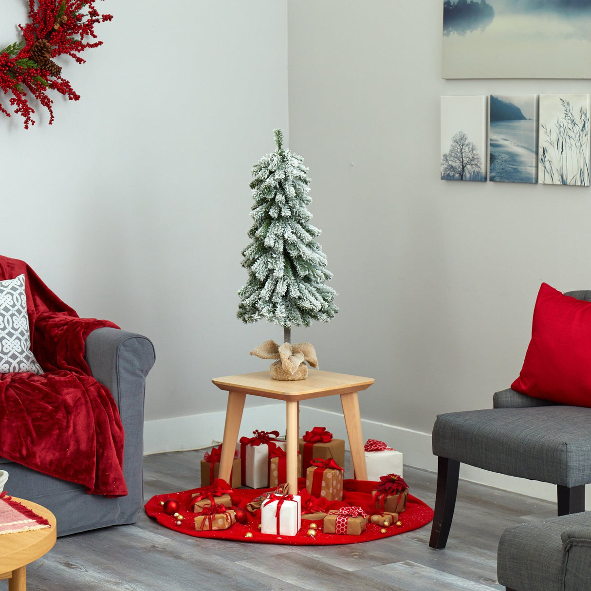3’ Flocked Alpine Artificial Christmas Tree with 50 Lights, 177 Bendable Branches and a Burlap Planter