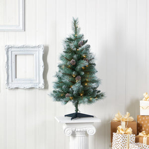 3’ Frosted Tip British Columbia Mountain Pine Artificial Christmas Tree with 50 Clear Lights, Pine Cones and 112 Bendable Branches