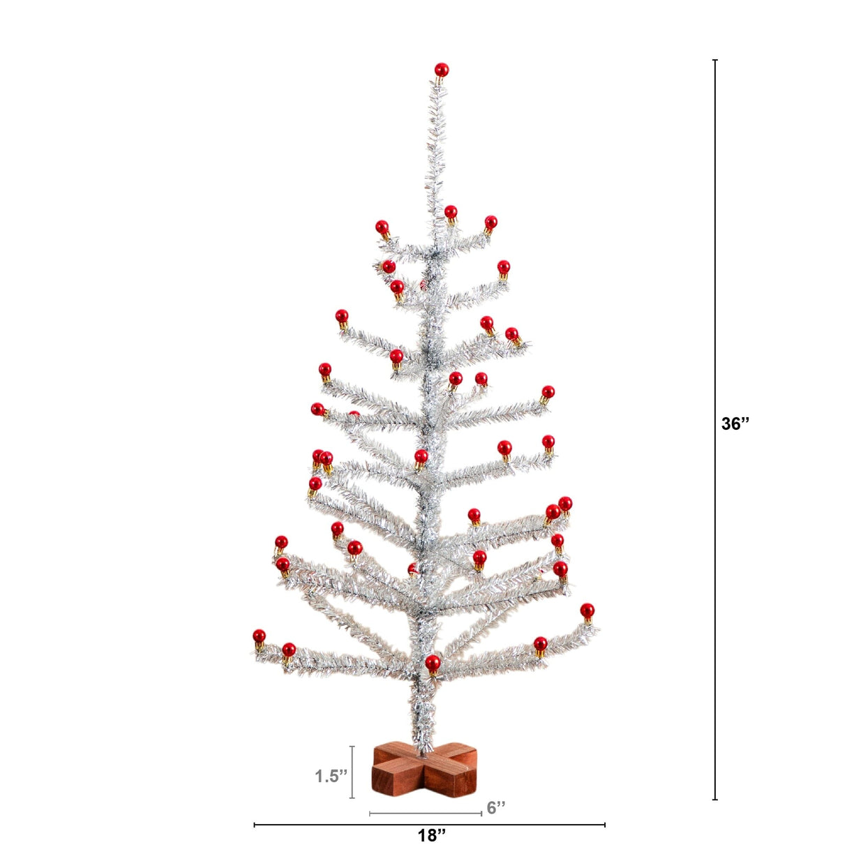 3' Artificial Retro Silver Tinsel  Christmas Tree with 45 Red Mini Ornament Balls and Wooden Base