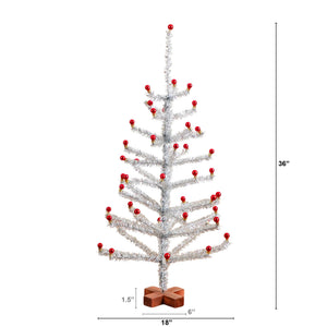 3' Artificial Retro Silver Tinsel  Christmas Tree with 45 Red Mini Ornament Balls and Wooden Base