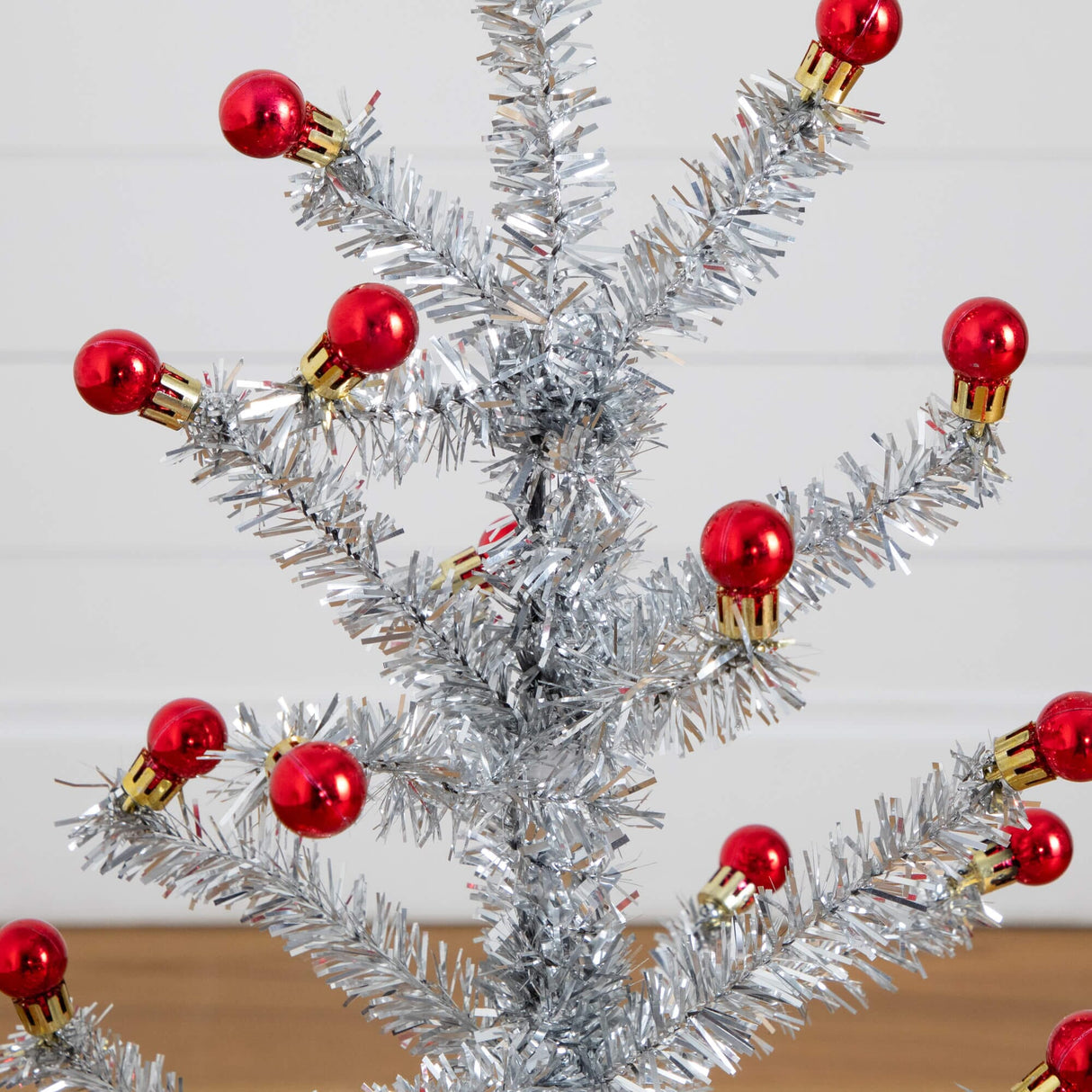 3' Artificial Retro Silver Tinsel  Christmas Tree with 45 Red Mini Ornament Balls and Wooden Base