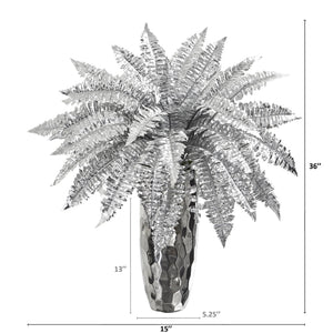 3’ Metallic Silver Boston Fern Artificial Plant in Silver Planter