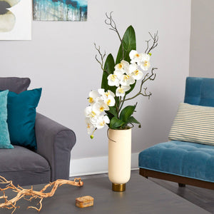3’ Phalaenopsis Orchid Artificial Arrangement in Cream Vase with Gold Base