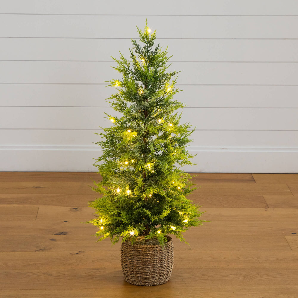 3'  Pre-Lit Artificial Lightly Snowed Cypress Christmas Tree with 38 Warm White LED Lights in Decorative Weaved Basket