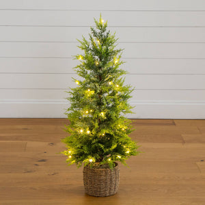 3'  Pre-Lit Artificial Lightly Snowed Cypress Christmas Tree with 38 Warm White LED Lights in Decorative Weaved Basket