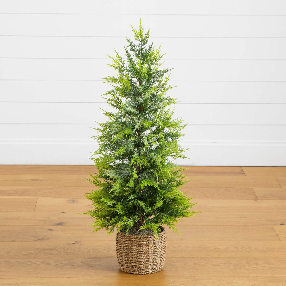 3'  Pre-Lit Artificial Lightly Snowed Cypress Christmas Tree with 38 Warm White LED Lights in Decorative Weaved Basket