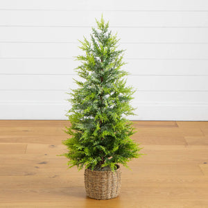 3'  Pre-Lit Artificial Lightly Snowed Cypress Christmas Tree with 38 Warm White LED Lights in Decorative Weaved Basket