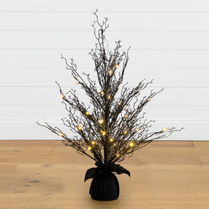 3’ Pre-Lit Halloween Black Twig Artificial Fall Tree in Burlap Planter with 42 Warm White LED Lights