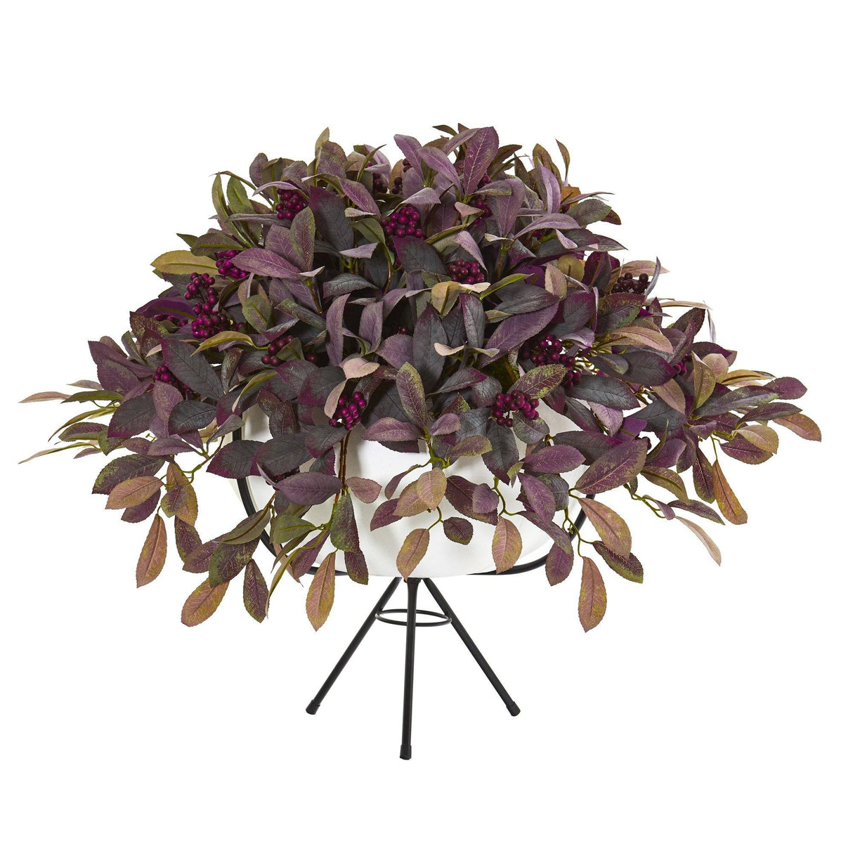 30” Fall Laurel Leaf with Berries Artificial Plant in White Planter with Metal Stand