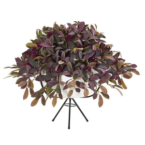 30” Fall Laurel Leaf with Berries Artificial Plant in White Planter with Metal Stand