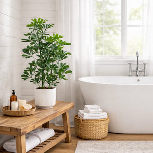 31” UV Resistant Artificial Schefflera Tree in White Decorative Planter (Indoor/Outdoor)