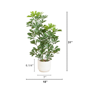 31” UV Resistant Artificial Schefflera Tree in White Decorative Planter (Indoor/Outdoor)