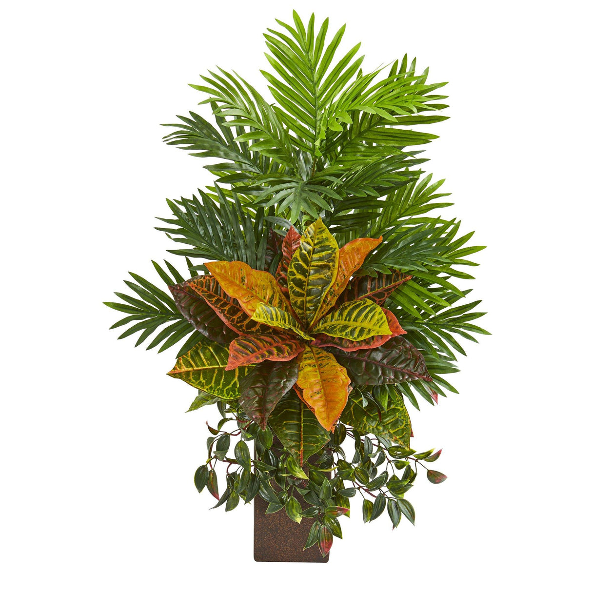 32” Areca Palm and Croton Artificial Plant in Weathered Vase