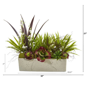 32” Mixed Succulent and Grass Garden Artificial Plant in White Planter