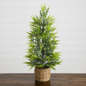 32" Pre-Lit Artificial Lightly Snowed Cypress Christmas Tree with 30 Warm White LED Lights in Decorative Weaved Basket