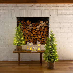 32" Pre-Lit Artificial Lightly Snowed Cypress Christmas Tree with 30 Warm White LED Lights in Decorative Weaved Basket
