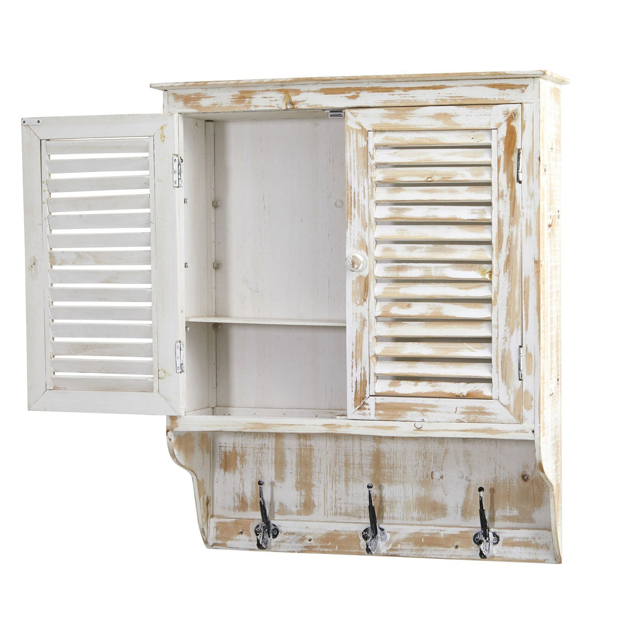 32” White Washed Wall Cabinet with Hooks