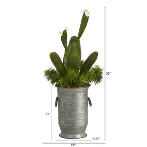 33” Cactus Succulent Artificial Plant in Vintage Metal Planter