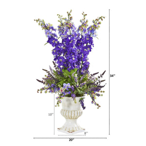 34” Delphinium and Lavender Arrangement in White Urn