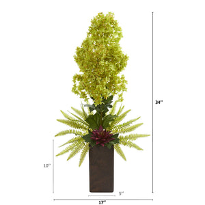 34” Hydrangea and Succulent Artificial Arrangement in Weathered Brown Vase