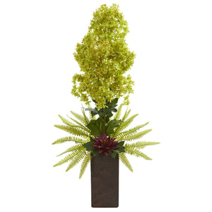 34” Hydrangea and Succulent Artificial Arrangement in Weathered Brown Vase
