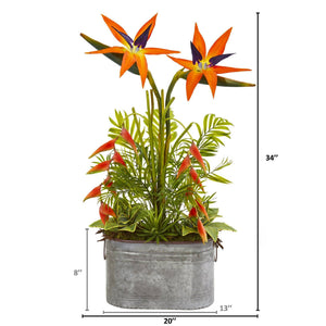 34” Tropical and Greens Artificial Plant in Metal Planter