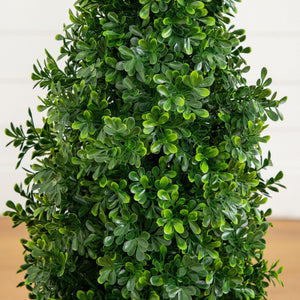 34” UV Resistant Artificial Boxwood Topiary Cone Tree in Decorative White Planter (Indoor/Outdoor)