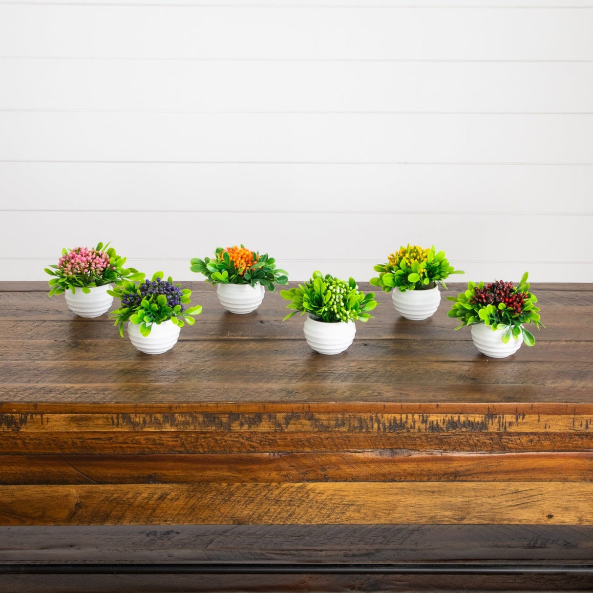 3.5” Artificial Mini Flowering Arrangement in White Decorative Oval Planter - Set of 6