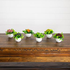 3.5” Artificial Mini Flowering Arrangement in White Decorative Oval Planter - Set of 6