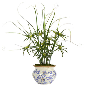 3.5’ Cyperus and Grass Artificial Plant in Vintage Floral Planter