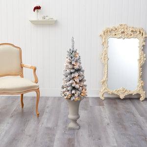 3.5’ Flocked Pencil Artificial Christmas Tree with 50 Clear Lights and 132 Bendable Branches in Sand Colored Urn