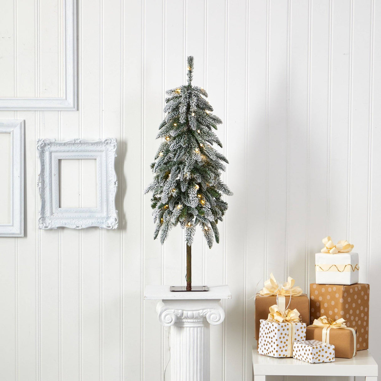 3.5’ Flocked Washington Alpine Christmas Tree with 50 White Warm LED lights and 168 Bendable Branches